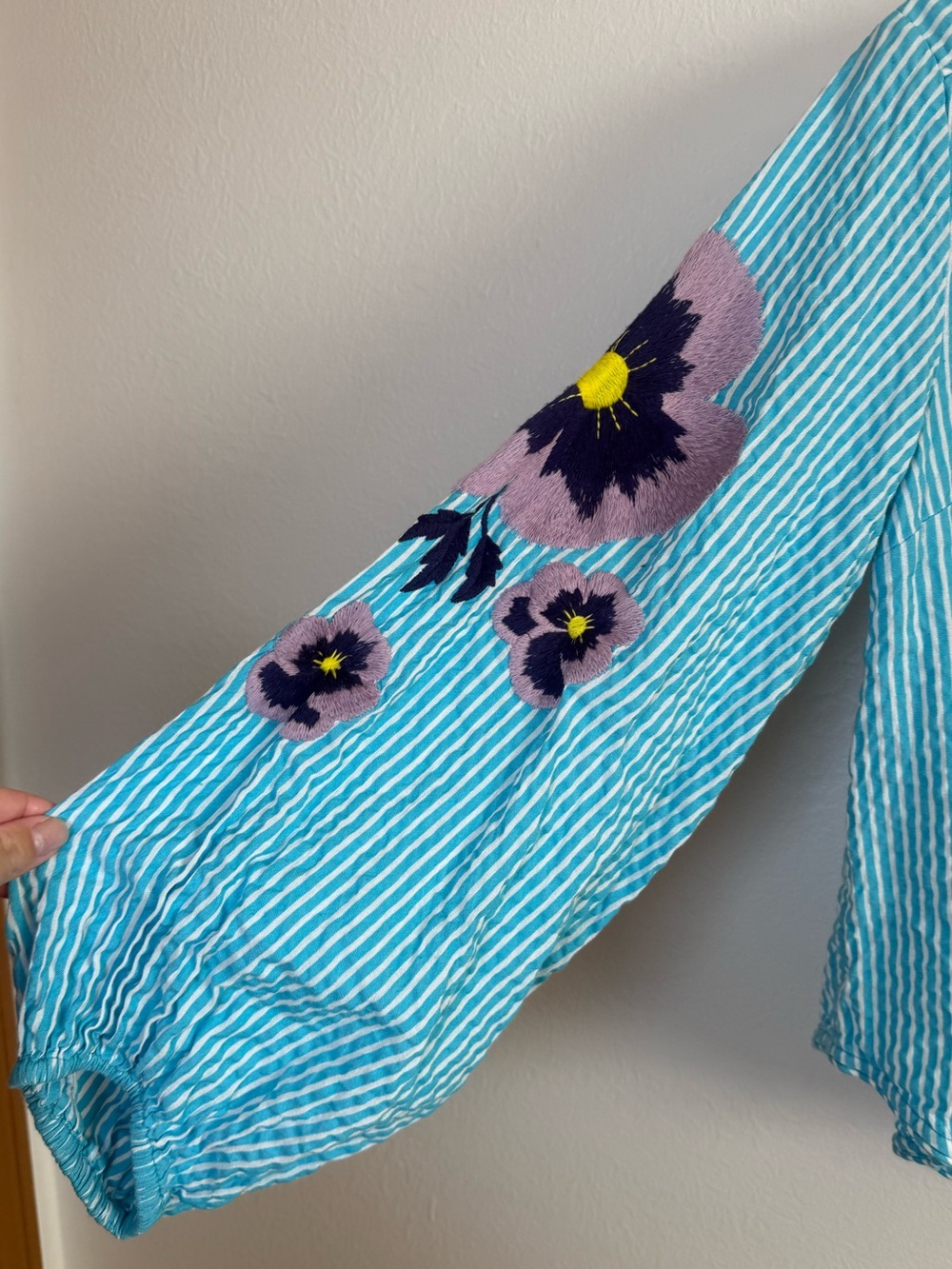 Maeve by Anthropologie Turquoise Blue Floral Embroidery Striped Button Blouse - Picture 4 of 7